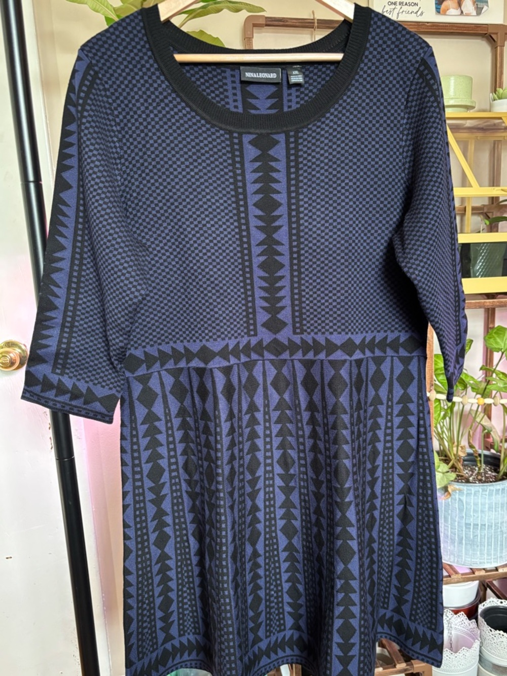 Nina Leonard Navy and Black Geometric Fit & Flare Dress